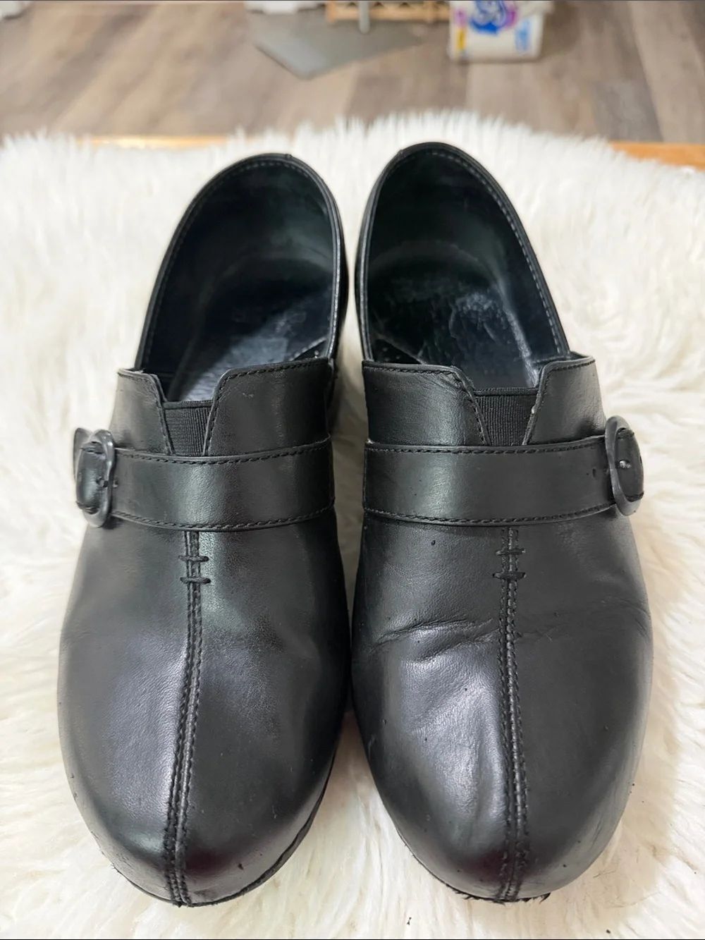 Dansko Black Leather Slip-On Clogs with Buckle Accent Size 38